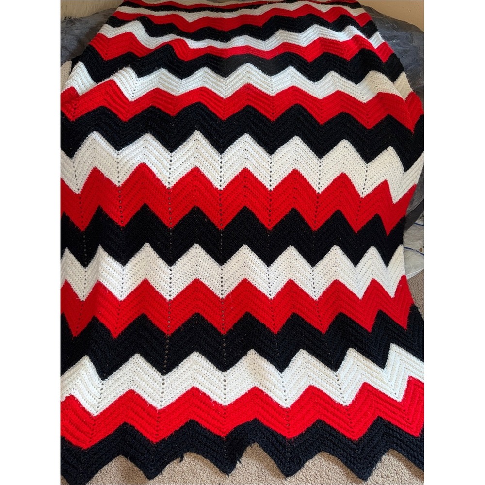 Hand Crafted Red Black White Chevron Crochet Throw Blanket